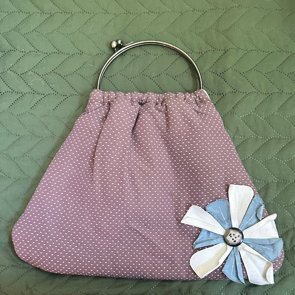 Polka Dot Handbag with Blue and White Flower Accent